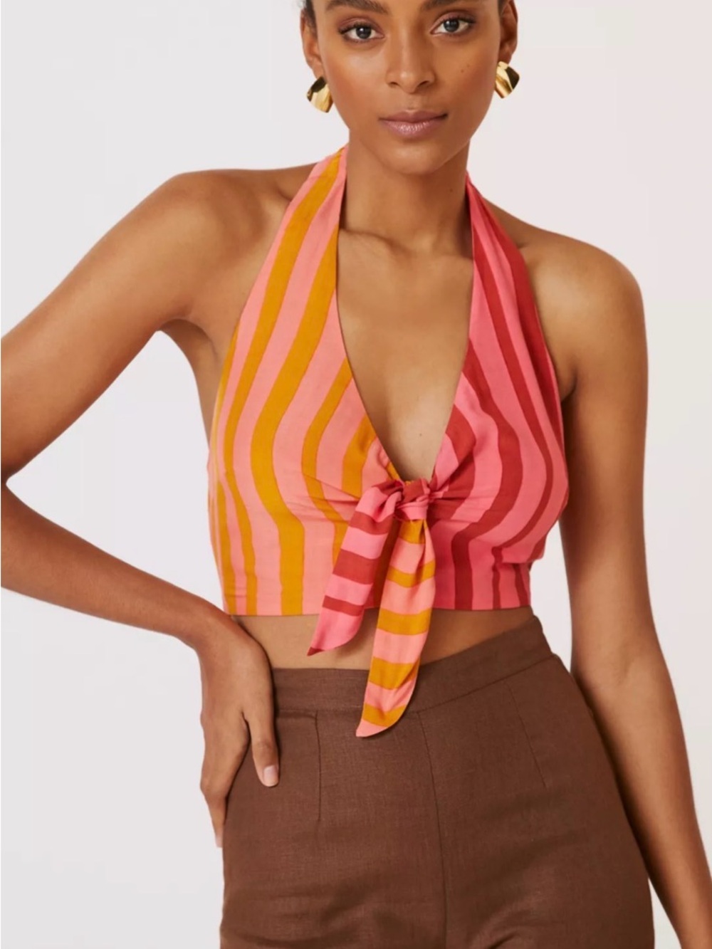 Farm Rio Mixed-Stripe Halter Top V Neck Tie Front Crop Anthropologie Size L E01 - Picture 5 of 5